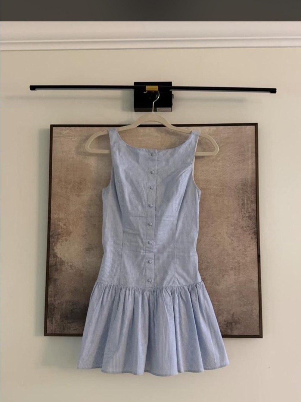 Aritzia Light Blue Striped Sleeveless Button-Back Drop-Waist Mini Dress